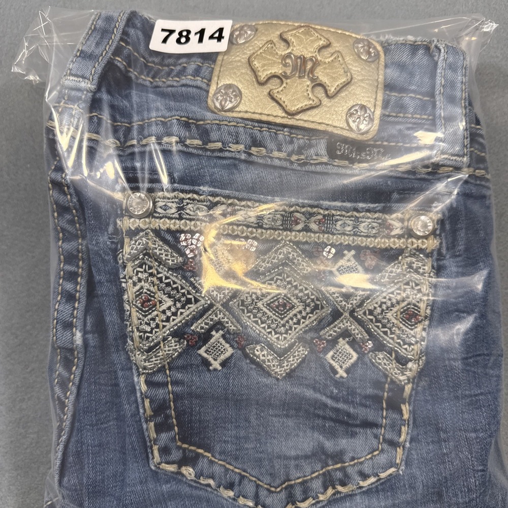 Miss Me 30x32 Mid-Rise Boot Jeans TRIBAL Embellished WHISKERING THICK STITCH - Picture 11 of 11
